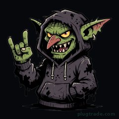 Green-skinned goblin in a stained dark hoodie, gold eyes, long hooked nose, hoop earring, and fangs, throwing the horns, with ink splatters pooling at the hem on black.