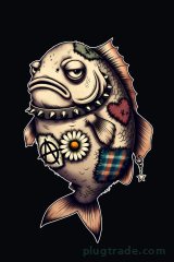 Grumpy beige fish in a spiked collar, with an anarchy patch, a daisy, a stitched red heart, tartan, a star charm on a fin piercing, and a white sticker outline on black.