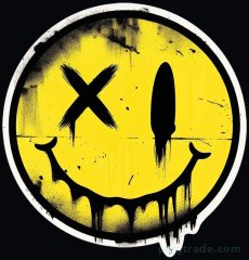 Yellow spray-paint smiley with a white sticker outline, one eye an X and the other a dripping black oval, the grin melting down the face, set on black.