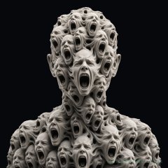 Pale plaster-like bust of a person whose head, neck, and shoulders are formed from dozens of overlapping screaming faces, mouths wide, on a black background.