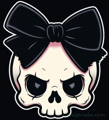 Cream cartoon skull with heavy-lidded eyes, a small frown, and a large black bow tied on top, outlined in white like a sticker on black.